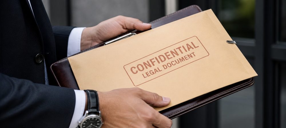 A professional close-up of a suited individual holding a “CONFIDENTIAL LEGAL DOCUMENT” envelope and leather folder at an entryway, with focus on hands only and a blurred corporate background.